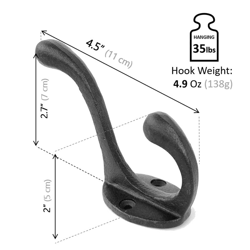 Ambipolar 5 Pack Decorative Cast Iron Heavy Duty Double Hooks  Wall Mounted Coat Hooks  Vintage Inspired (Antique Black) (Cornish Hook) - Image 3