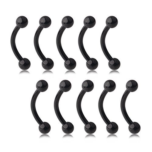 Ruifan Lot of 10 Black Titanium Anodized Eyebrow Piercing Jewelry Curved Barbell with Ball Kit Eyebrow Tragus Lip Ring 16g 16 gauge 8mm - Image 1