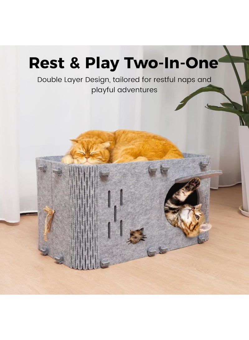 SYOSI Cat House, Indoor Cozy Cat Bed Cave, Scratch-Resistant Peekaboo Enclosed Hideaway, Soft Plush Cat Tent for Multiple Large Cats, Modern Comfortable Pet Shelter for Home Use, Grey - Image 2