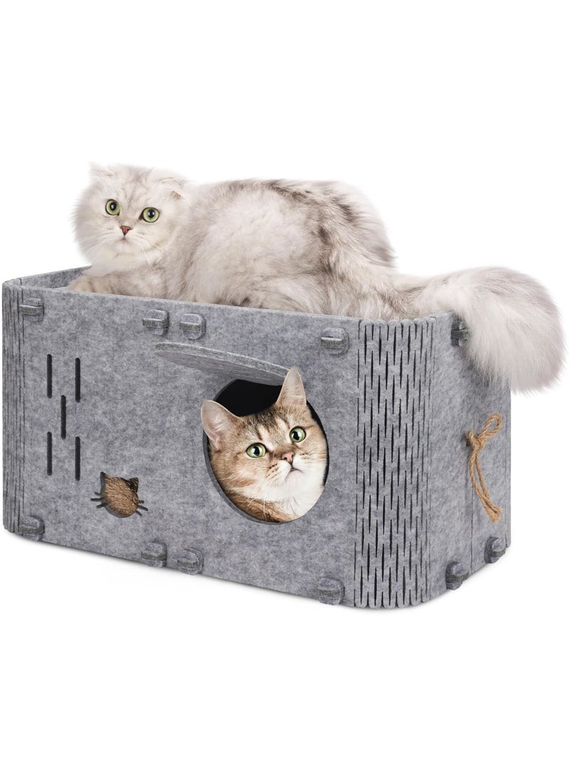 SYOSI Cat House, Indoor Cozy Cat Bed Cave, Scratch-Resistant Peekaboo Enclosed Hideaway, Soft Plush Cat Tent for Multiple Large Cats, Modern Comfortable Pet Shelter for Home Use, Grey - Image 1