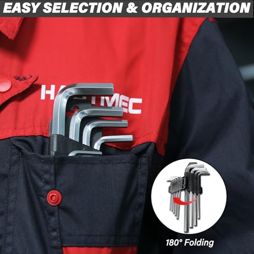 HAUTMEC مجموعة مفاتيح ألين HAUTMEC 9 قطع على شكل L، مجموعة مفاتيح سداسية مترية، فولاذ كروم فانيوم، رؤوس دقيقة ومشغولة، 1.5-10 مم، HT0221-SS - Image 4