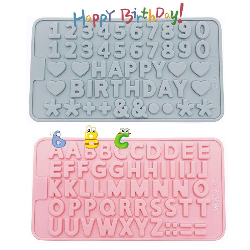 2 pcs Alphabet Silicone Mould Set Happy Birthday Symbols Heart Shapes Chocolate Moulds Silicon Chocolate Letters Numbers Mold for DIY Baking Cake Decoration Candy Fondant Biscuit Gummy Dessert