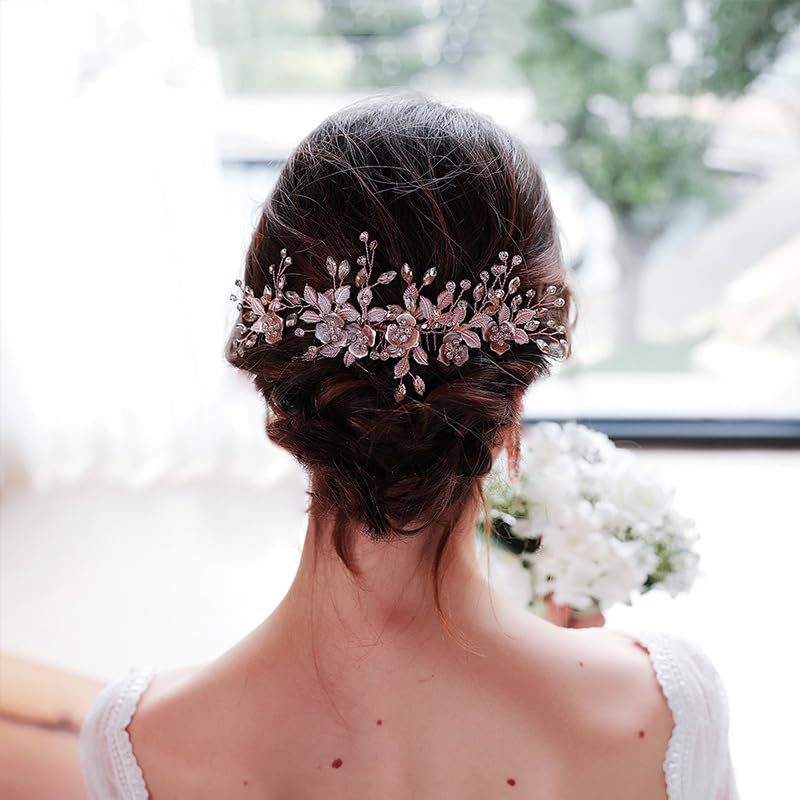 HapiBuy Beautiful Floral Rose Gold Wedding Hair Comb With Clear Crystal Side Bridal Comb with 2 Hair Pins, Hair Sticks - Image 2