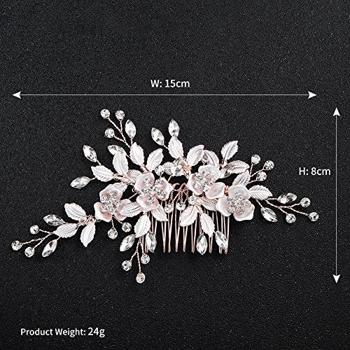 HapiBuy Beautiful Floral Rose Gold Wedding Hair Comb With Clear Crystal Side Bridal Comb with 2 Hair Pins, Hair Sticks - Image 4
