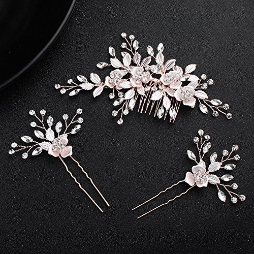 HapiBuy Beautiful Floral Rose Gold Wedding Hair Comb With Clear Crystal Side Bridal Comb with 2 Hair Pins, Hair Sticks - Image 3