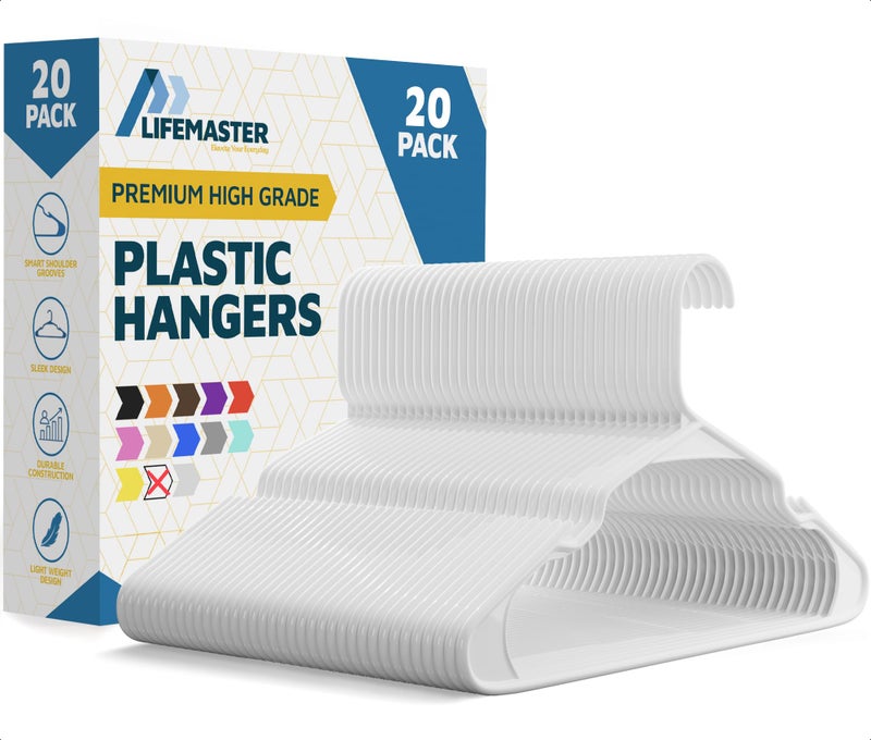 Lifemaster Plastic Clothes Hangers â€“ Heavy Duty Hanger Set, for Organizing Clothes, Dresses, and Coat, Holds Up to 5 lbs, Space-Saving Hangers with Non-Slip Shoulder Grooves, Pack of 20, White - Image 1