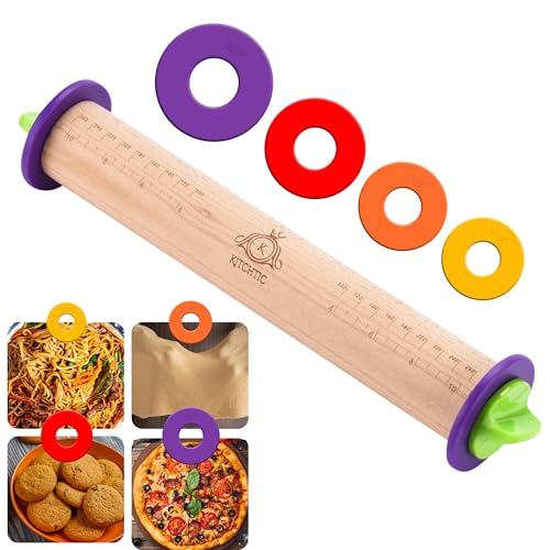 Kitchtic Rolling Pin with Thickness Rings Adjustable Wooden Rolling Pin Baking Essential and Roller Tool Consistent Thickness Easy to Clean Beechwood Material 137 x 275 x 275 inches