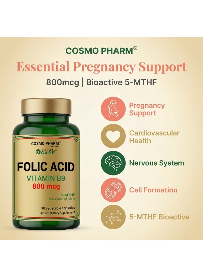 Cosmo Pharm Folic Acid 800mcg Quatrefolic (5-MTHF) | Active Folate for Pregnancy & Everyday Wellbeing | 90 Vegetable Capsules - Image 3