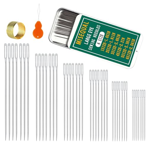 Misequal 42 Pcs Large Eye Sewing Needles, 6 Sizes Stainless Steel Sewing Sharp Needles with Threader for Embroidery Thread Needle and Hand Sewing Art Crafts (Silver, 42PCS) - Image 1