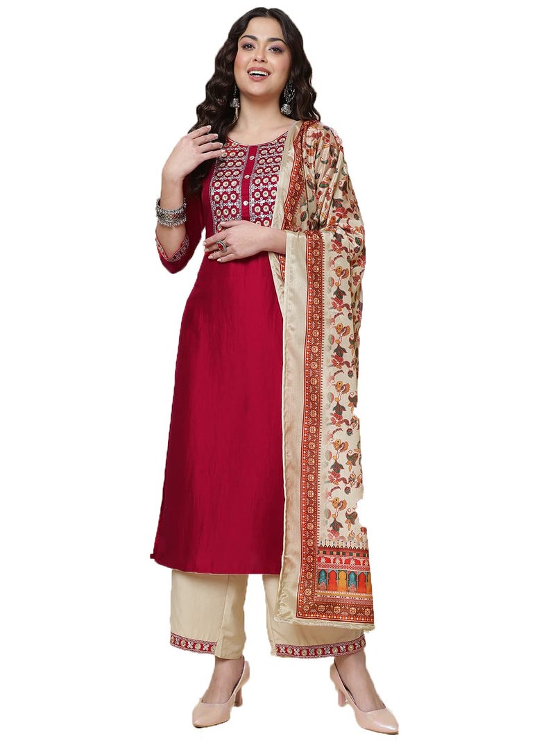 Shiv Textiles Silk Embroidered Kurta Set for Women (224-Red-S) - Image 1