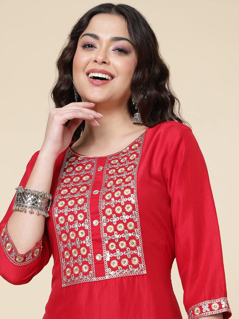 Shiv Textiles Silk Embroidered Kurta Set for Women (224-Red-S) - Image 2