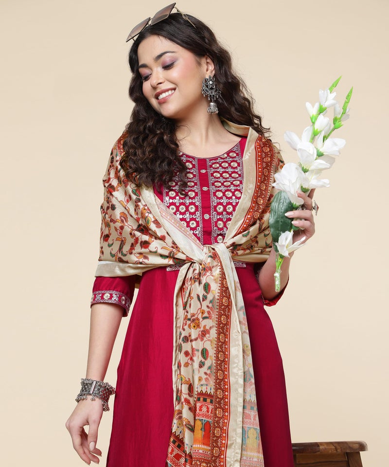 Shiv Textiles Silk Embroidered Kurta Set for Women (224-Red-S) - Image 3