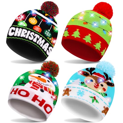 Thuodo 4 Pack LED Christmas Hat Christmas Beanie Light Up Hats Ugly Sweater Knit Hats for Xmas Party Unisex Winter Hat Colorful Flashing Cap Holiday Xmas Party Supplies - Image 1