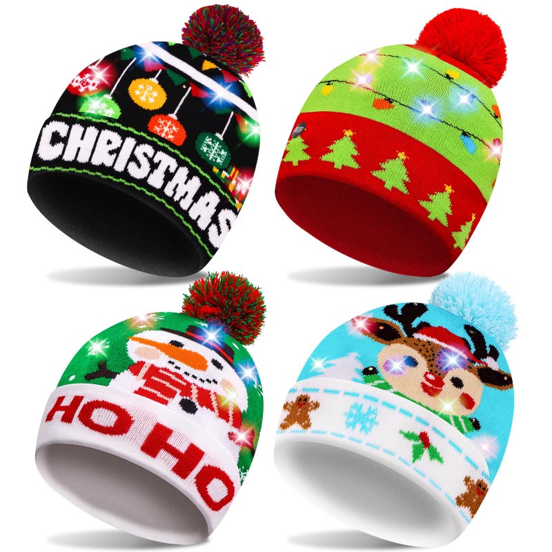 Thuodo 4 Pack LED Christmas Hat Christmas Beanie Light Up Hats Ugly Sweater Knit Hats for Xmas Party Unisex Winter Hat Colorful Flashing Cap Holiday Xmas Party Supplies - Image 2