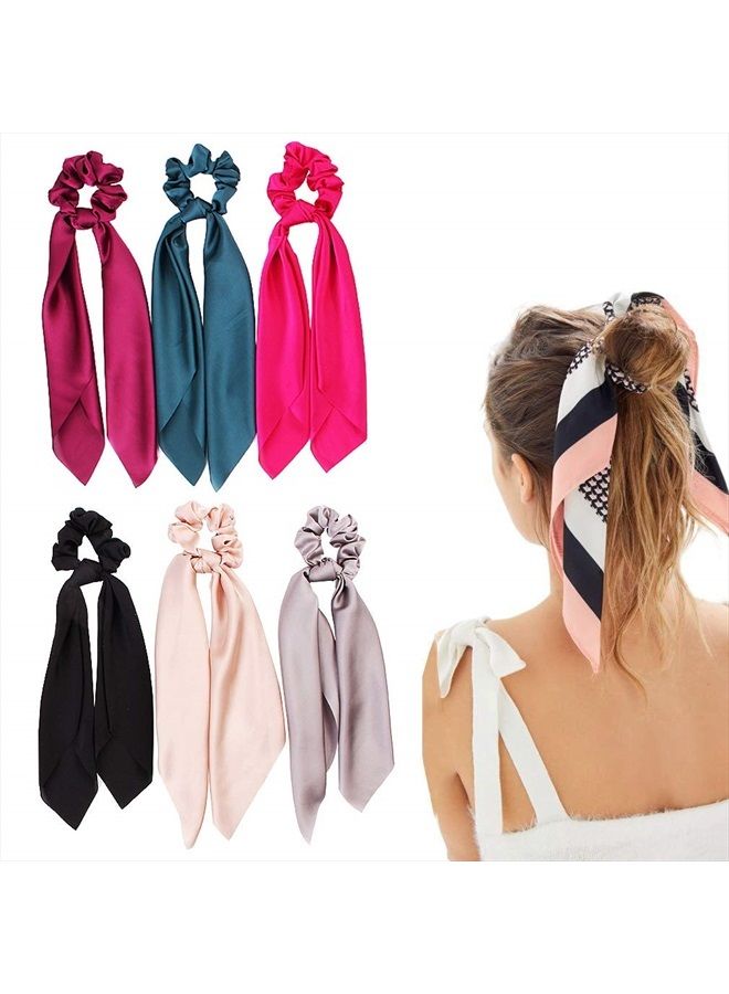DINPREY Silk Satin Hair Scrunchies, Hair Scarf with Bow Silk Elastic Hair Bands, Stripe Printed Hair Bobbles for Ponytail Holder (6 Pcs Solid Colors) - Image 1