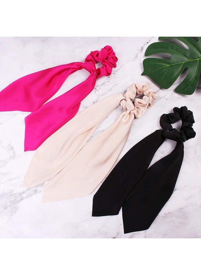 DINPREY Silk Satin Hair Scrunchies, Hair Scarf with Bow Silk Elastic Hair Bands, Stripe Printed Hair Bobbles for Ponytail Holder (6 Pcs Solid Colors) - Image 2