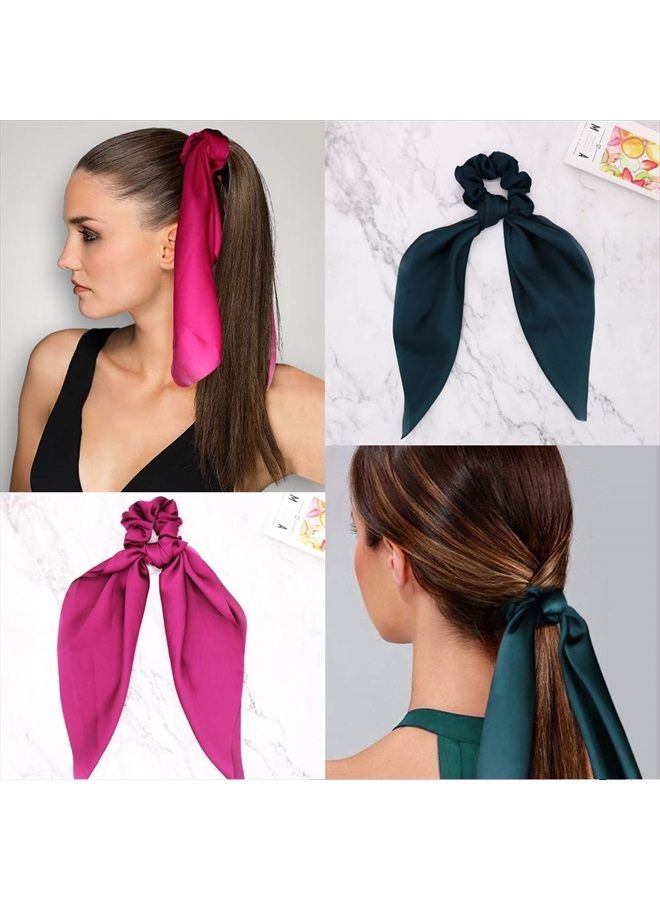DINPREY Silk Satin Hair Scrunchies, Hair Scarf with Bow Silk Elastic Hair Bands, Stripe Printed Hair Bobbles for Ponytail Holder (6 Pcs Solid Colors) - Image 4