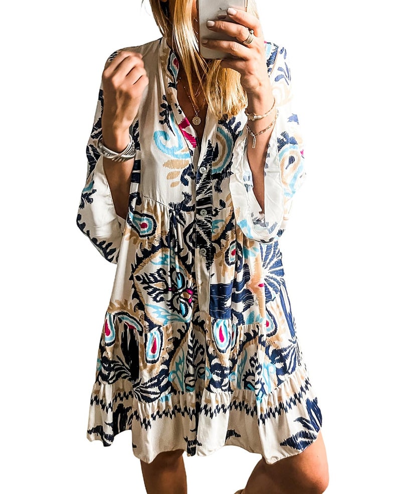 SELINK Womens Long Sleeve Dresses Casual V Neck Tribal Print Button Flowy Boho Mini Beach Dress Beige-XXL - Image 1