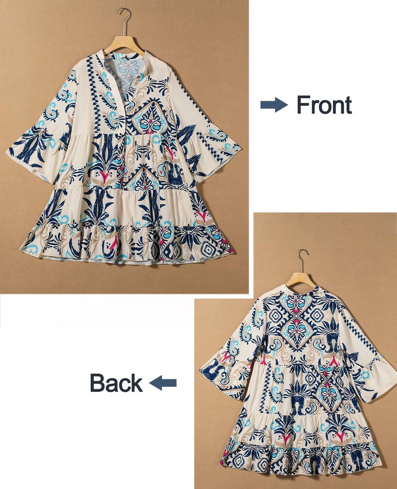 SELINK Womens Long Sleeve Dresses Casual V Neck Tribal Print Button Flowy Boho Mini Beach Dress Beige-XXL - Image 5