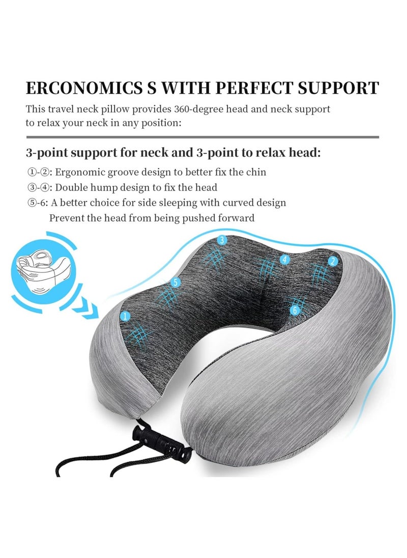 Arabest - Travel Pillow 100% Memory Foam Pillow, Neck Pillow for Airplane, Neck & Head Support Pillow for Sleeping Rest & Car, Travel Pillows Kit with Storage Bag, Sleep Mask and Earplugs （Grey） - Image 1
