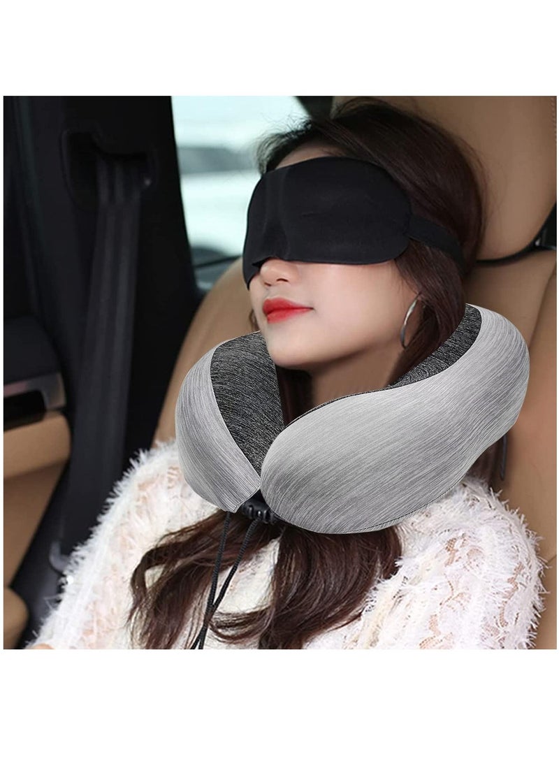Arabest - Travel Pillow 100% Memory Foam Pillow, Neck Pillow for Airplane, Neck & Head Support Pillow for Sleeping Rest & Car, Travel Pillows Kit with Storage Bag, Sleep Mask and Earplugs （Grey） - Image 1