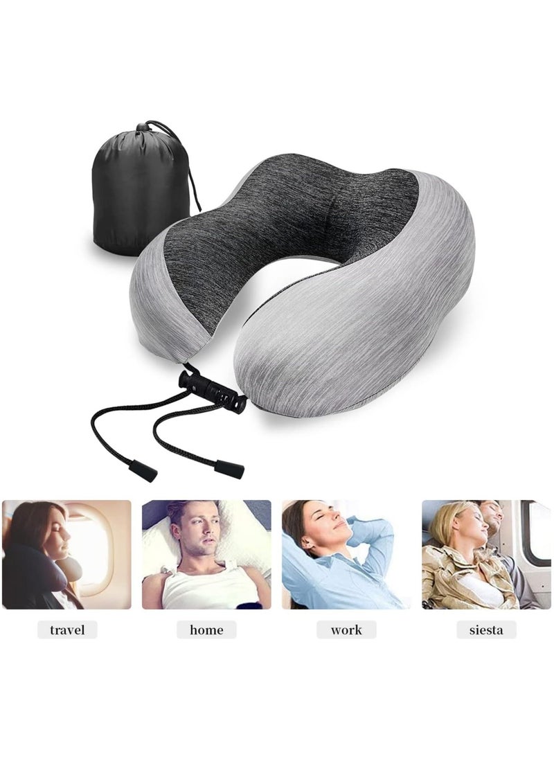 Arabest - Travel Pillow 100% Memory Foam Pillow, Neck Pillow for Airplane, Neck & Head Support Pillow for Sleeping Rest & Car, Travel Pillows Kit with Storage Bag, Sleep Mask and Earplugs （Grey） - Image 1