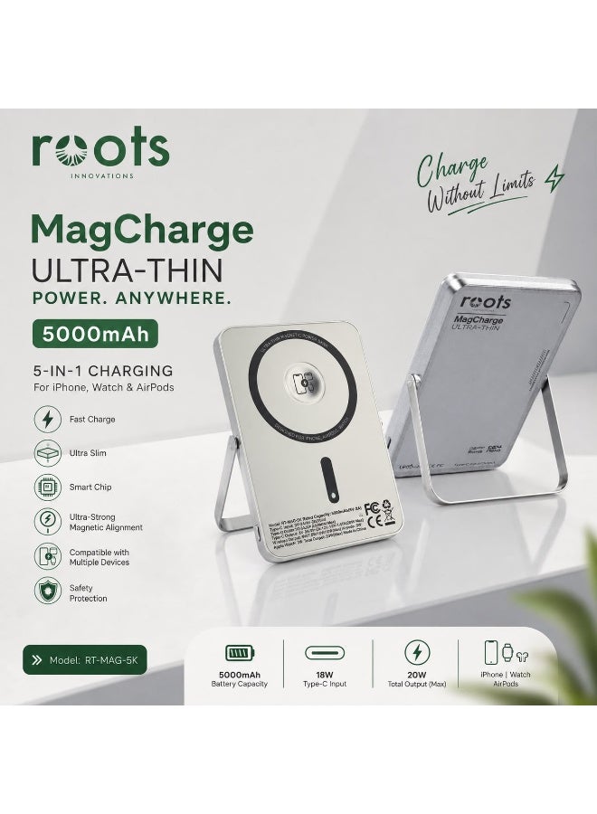 روتس بنك طاقة لاسلكي مغناطيسي من Roots Innovations بسعة 5000 مللي أمبير 15 واط شاحن 5 في 1 مع حامل قابل للطي - Image 1
