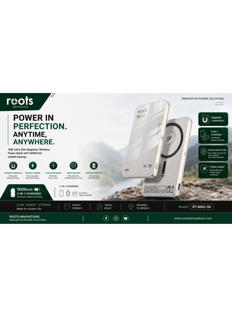 روتس بنك طاقة لاسلكي مغناطيسي من Roots Innovations بسعة 5000 مللي أمبير 15 واط شاحن 5 في 1 مع حامل قابل للطي - Image 5