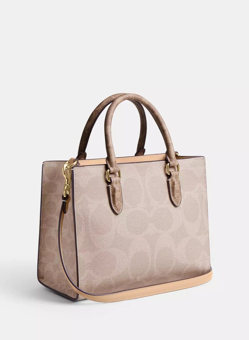 Coachoutlet Maggie Small Tote Bag In Signature Leather, Women's Shoulder Bag, Women's Cross-Body Bag, Women's Hand Bag, Women's Travel Bag, Signature-Beige-25cm - Image 5