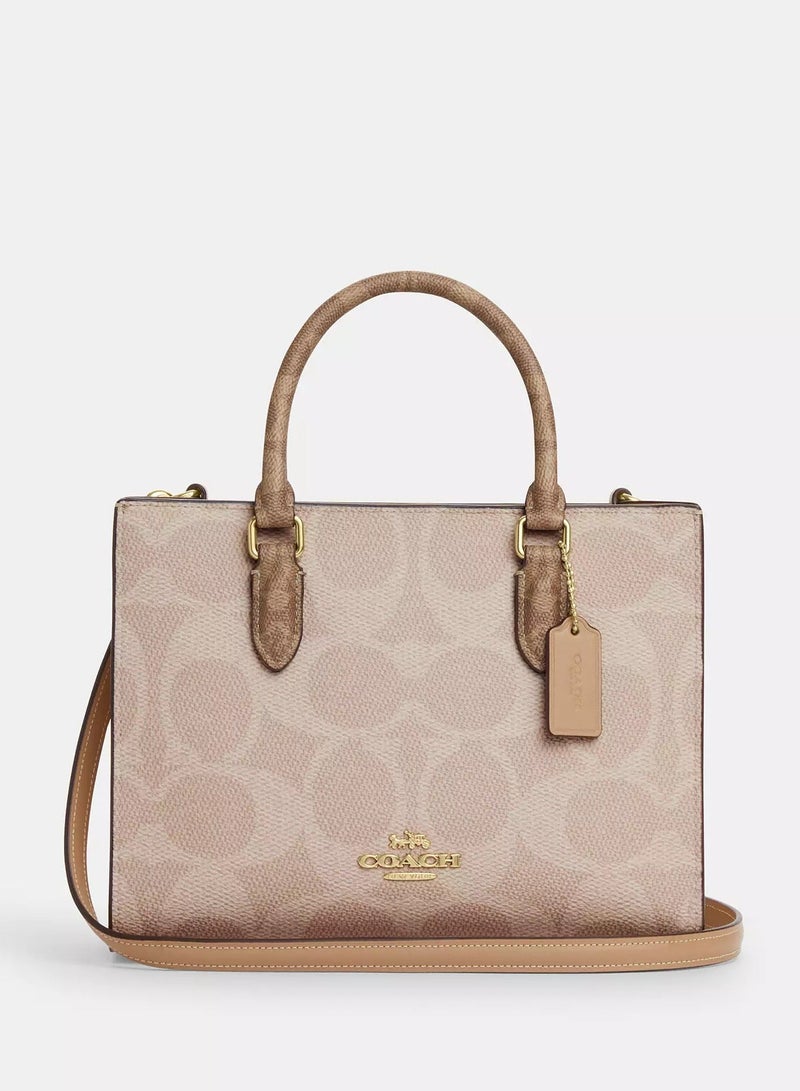 Coachoutlet Maggie Small Tote Bag In Signature Leather, Women's Shoulder Bag, Women's Cross-Body Bag, Women's Hand Bag, Women's Travel Bag, Signature-Beige-25cm - Image 2