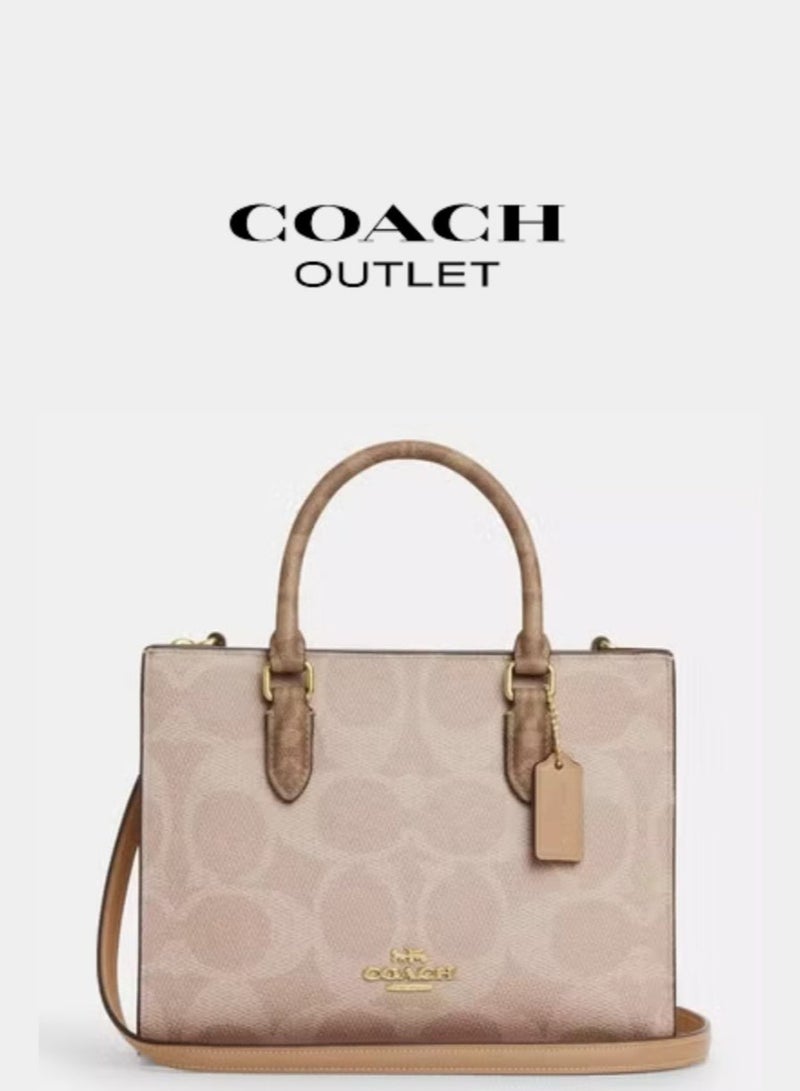 Coachoutlet Maggie Small Tote Bag In Signature Leather, Women's Shoulder Bag, Women's Cross-Body Bag, Women's Hand Bag, Women's Travel Bag, Signature-Beige-25cm - Image 1