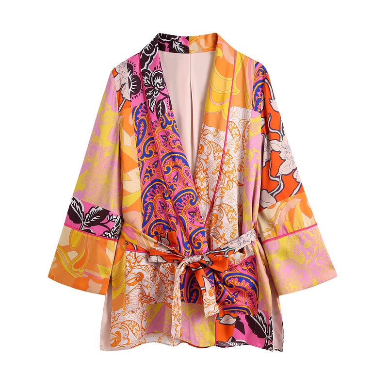 2021 Autumn New Amazon European and American womens wholesale printed hem split with belt long shirt jacket Picture Color