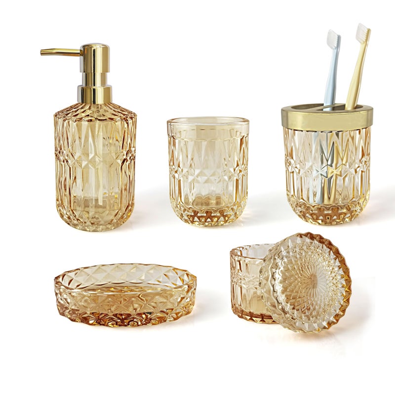 LaMarriti Gold Bathroom Accessory Set 5Pcs Clear Glass Bathroom Accessories Lotion Soap Dispenser Set Toothbrush Holder Set Soap Dish Tumbler Qtips Holder for Bathroom Decor Yellow Gold