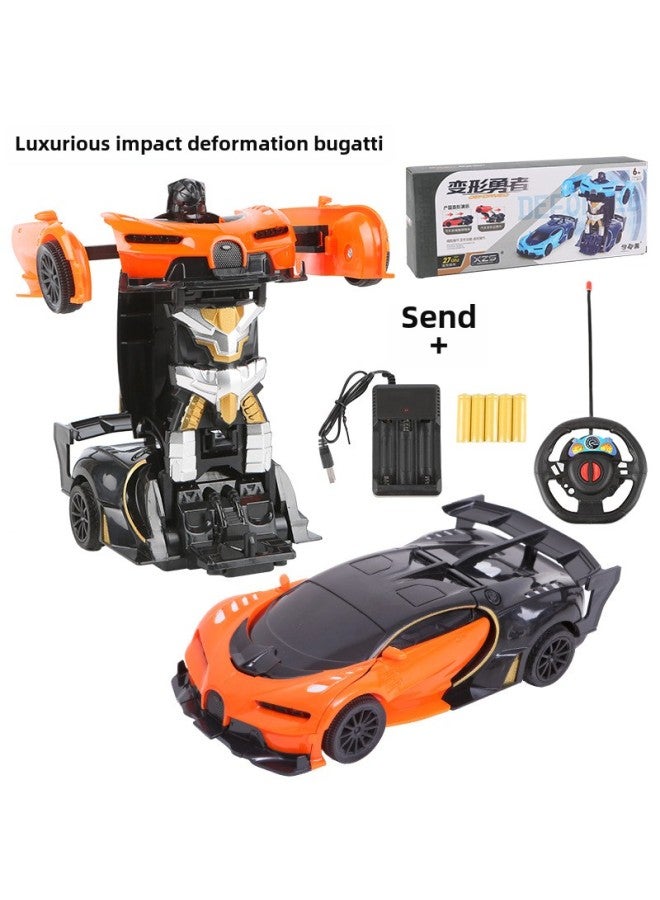 Remote Control Car Toy - Mini Tank Turret Cannon - 2.4ghz Radio Control Indoor Outdoor Play Ready-to-run-Color:Luxury Bugatti-Orange (impact Deformation With Remote Control + Charger +5 Rechargeable Batteries)-Proportion:Official Standard  - Image 1
