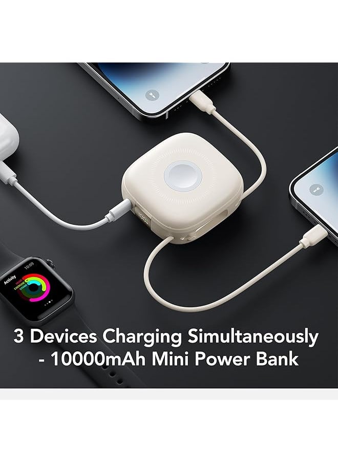 erorex - Mini Power Bank 10000Mah Magnetic Powerbank 3 In 1 Wireless Magsafe Battery Pack Led 20W Pd Fast Charging Portable Charger With Built In Cable For Iphone Airpod Iwatch White - Image 1