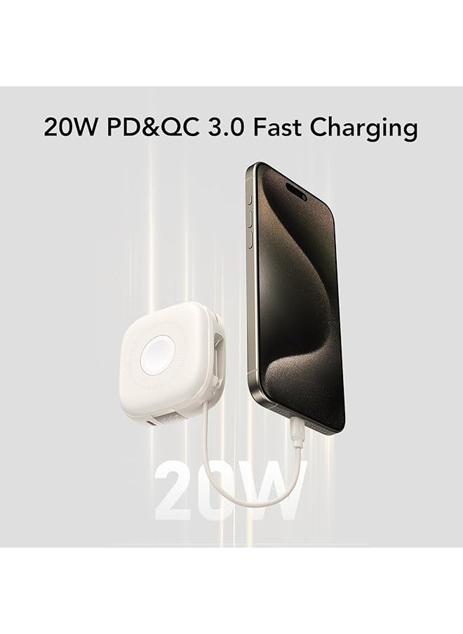 erorex - Mini Power Bank 10000Mah Magnetic Powerbank 3 In 1 Wireless Magsafe Battery Pack Led 20W Pd Fast Charging Portable Charger With Built In Cable For Iphone Airpod Iwatch White - Image 1