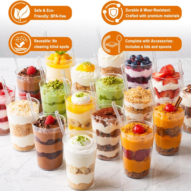 Budiwati 200 Pcs 3oz Mini Dessert Cups with Lids and Spoons - Jello, Clear Plastic Parfait & Pudding Shooter Cups for Tasting Party, Catering, Wedding, Birthday Appetizer, Yogurt, Fruit, Cheesecake - Image 3