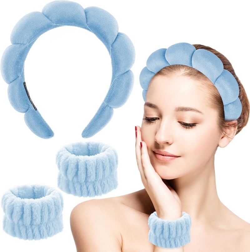 Sibba Sponge Headband Wristband Sets for Washing Face Makeup Headbands for Women Girls Skincare Makeup Removal Wash Spa Yoga Sports Shower Head Band Terry Towel Cloth Hair Band Blue