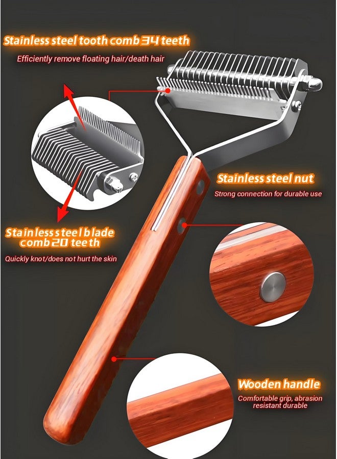 مشط إزالة تشابك شعر الحيوانات الأليفة - مشط تنظيف من الفولاذ المقاوم للصدأ ذو 20 سنًا للكلاب والقطط، فعال للسلالات متوسطة إلى طويلة الشعر، مع تحكم في التشابك والتساقط، ومقبض خشبي مانع للانزلاق - Image 3