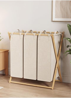 Cady One 150L 3-Compartment Foldable Fabric Laundry Basket with Wooden Frame 42*80*70cm  - Image 1