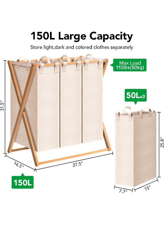 Cady One - 150L 3-Compartment Foldable Fabric Laundry Basket with Wooden Frame 42*80*70cm - Image 1