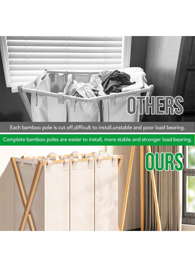Cady One - 150L 3-Compartment Foldable Fabric Laundry Basket with Wooden Frame 42*80*70cm - Image 1