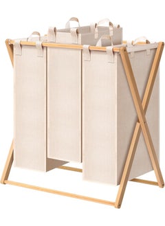 Cady One 150L 3-Compartment Foldable Fabric Laundry Basket with Wooden Frame 42*80*70cm  - Image 2