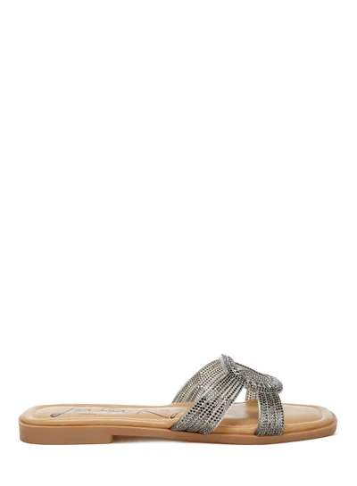London Rag Rhinestones Embellished Flat Sandals in Metallic Black