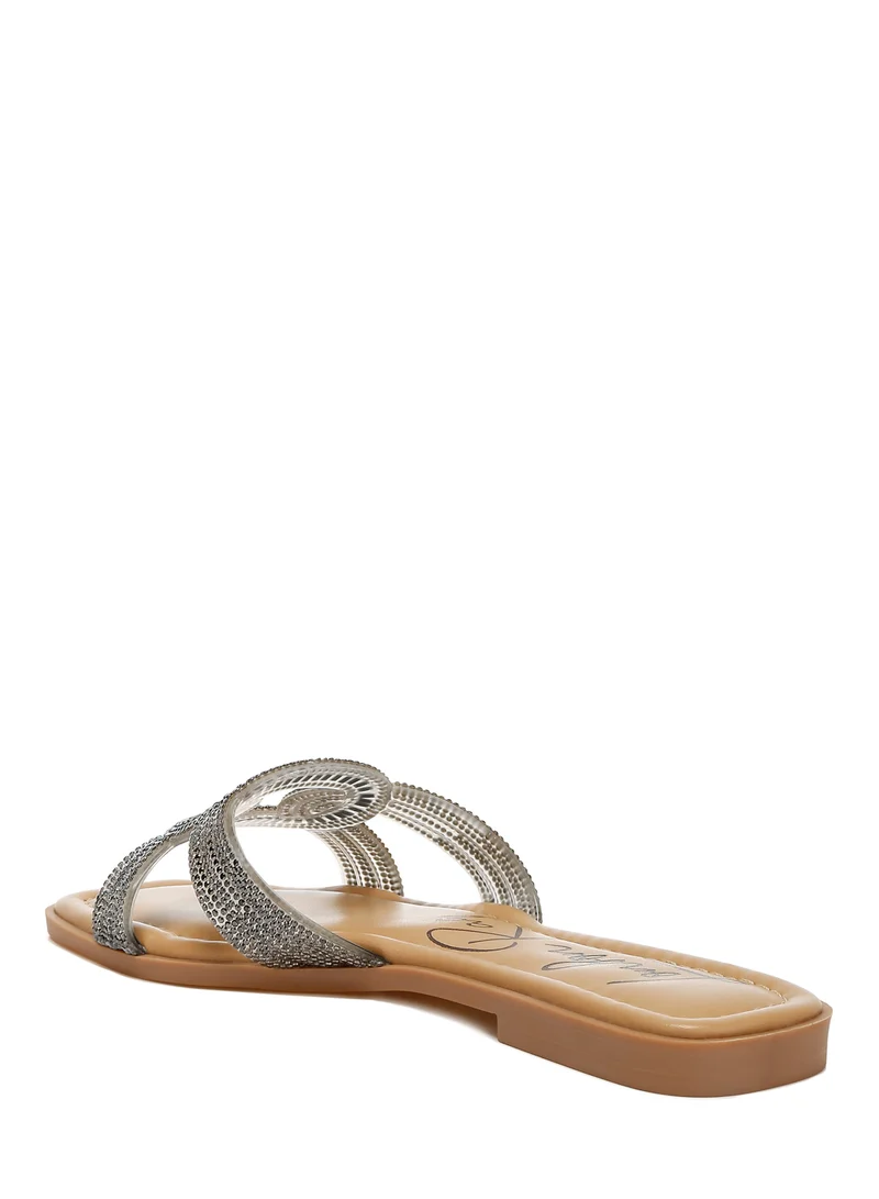 London Rag Rhinestones Embellished Flat Sandals in Metallic Black