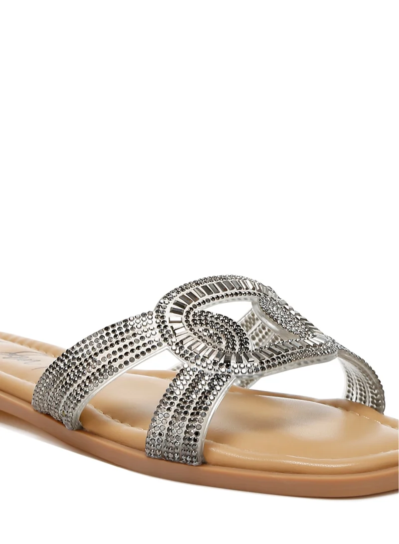 London Rag Rhinestones Embellished Flat Sandals in Metallic Black
