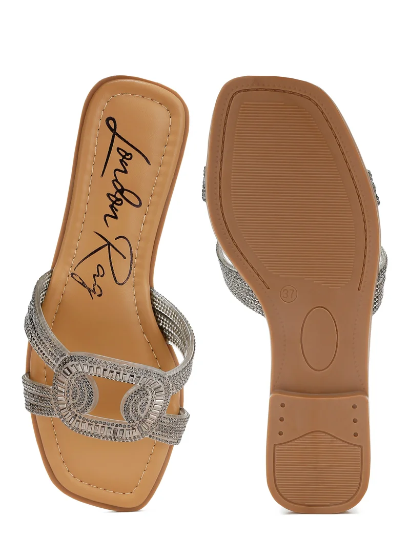 London Rag Rhinestones Embellished Flat Sandals in Metallic Black