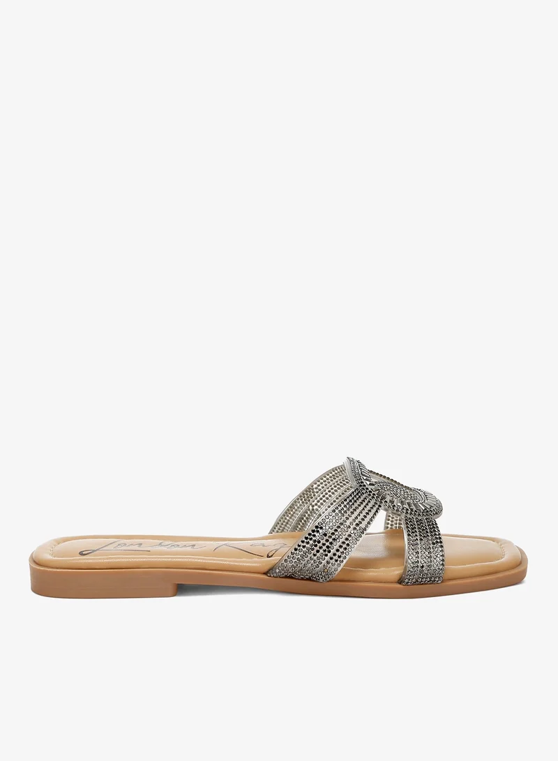 Rhinestones Embellished Flat Sandals in Metallic Black