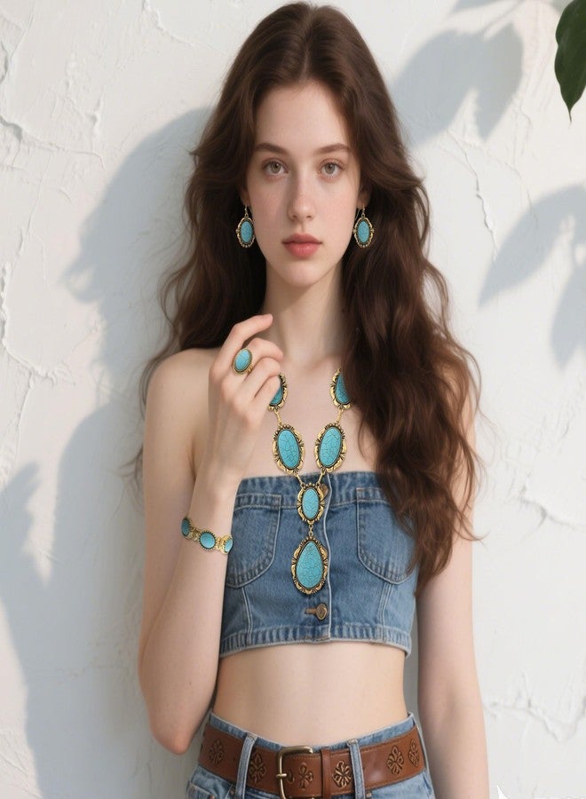 JMScape 4 PCS Western Turquoise Jewelry for Women Boho Vintage Navajo Pearl Necklace Earring Bracelet Ring Set Country Cowgirl Accessories for Gift, Large, Metal, Turquoise - Image 2