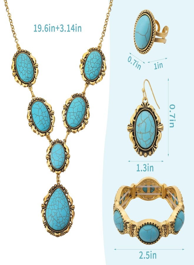 JMScape 4 PCS Western Turquoise Jewelry for Women Boho Vintage Navajo Pearl Necklace Earring Bracelet Ring Set Country Cowgirl Accessories for Gift, Large, Metal, Turquoise - Image 5